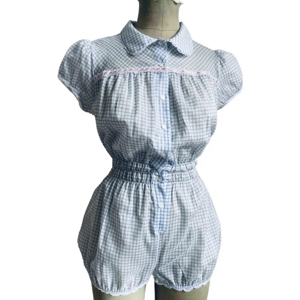 NWT Fifi Chachnil Blue & Pink Gingham Cotton Babyloo Coquette Playsuit S M
